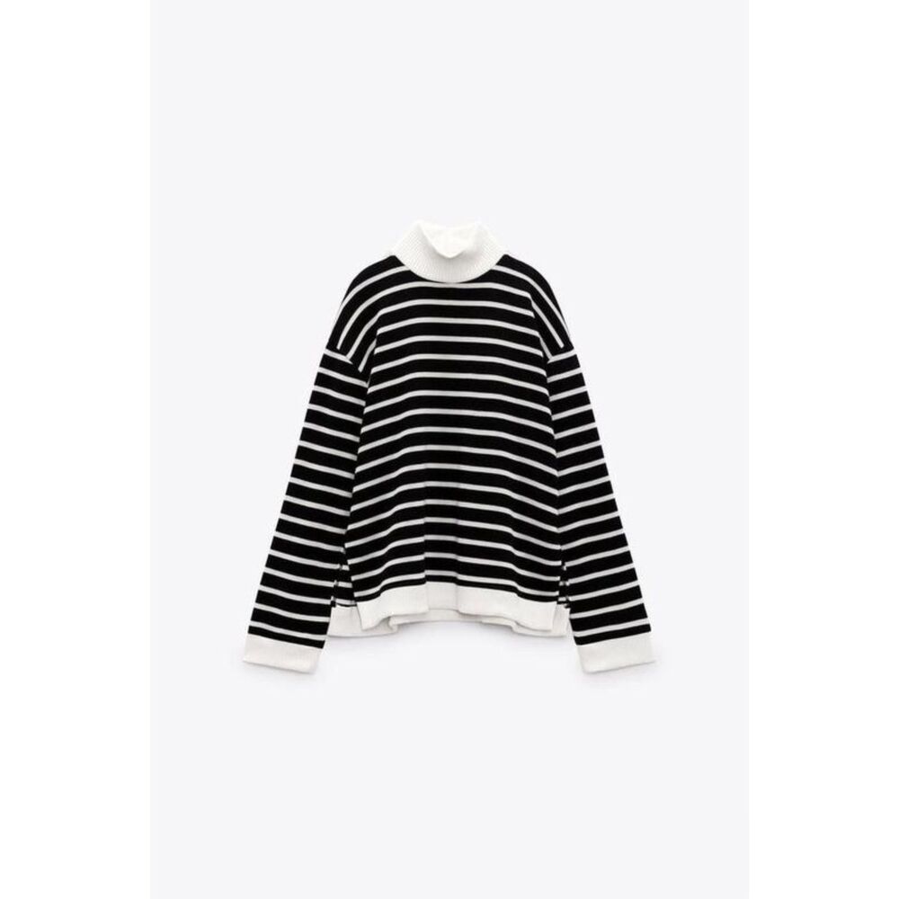 Zara Black White Striped Rib Trim Long Sleeve Mock Neck Pullover Sweater (NWT)